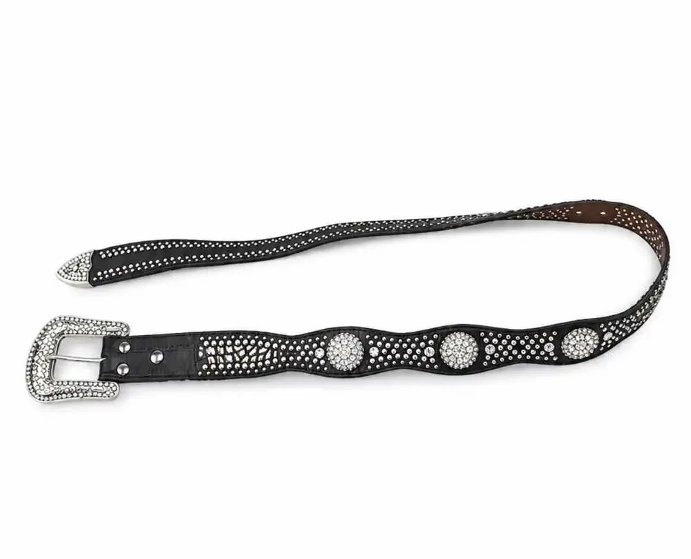 Nocona Black Croc Print Leather Belt Rhinestone Concho Western Cowgirl M